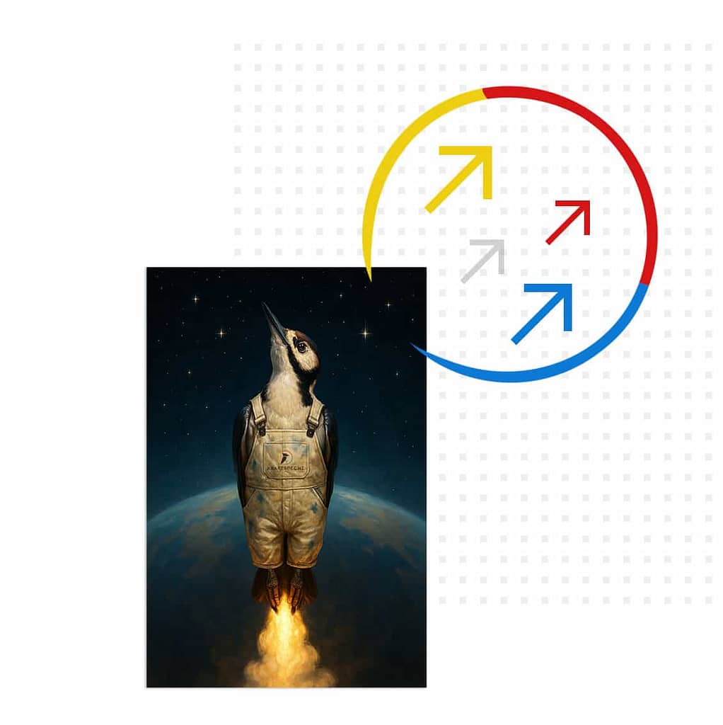 Specht in Astronautenanzug fliegt ins All