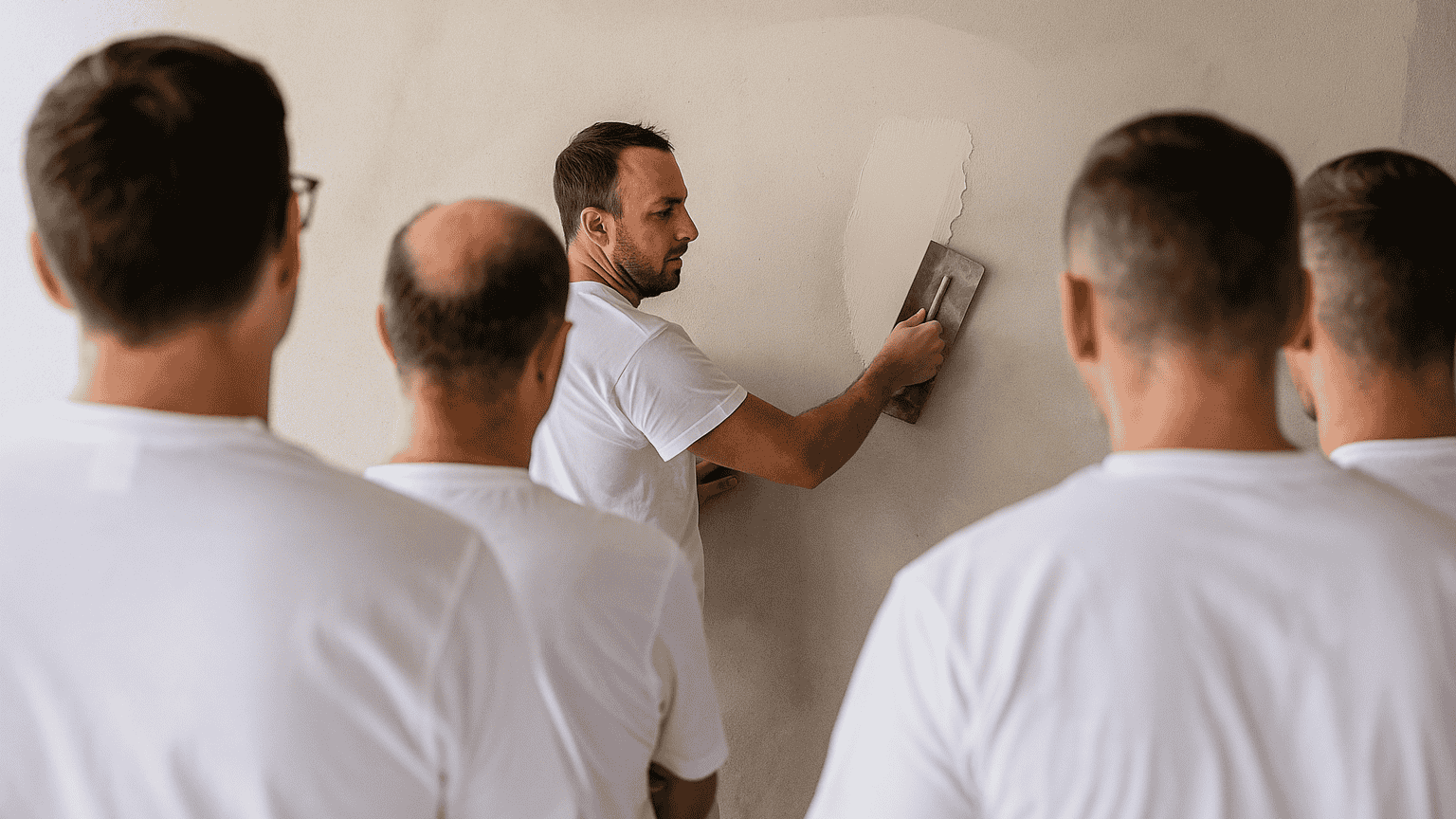 Maler streicht Wand, Männer beobachten ihn aufmerksam.