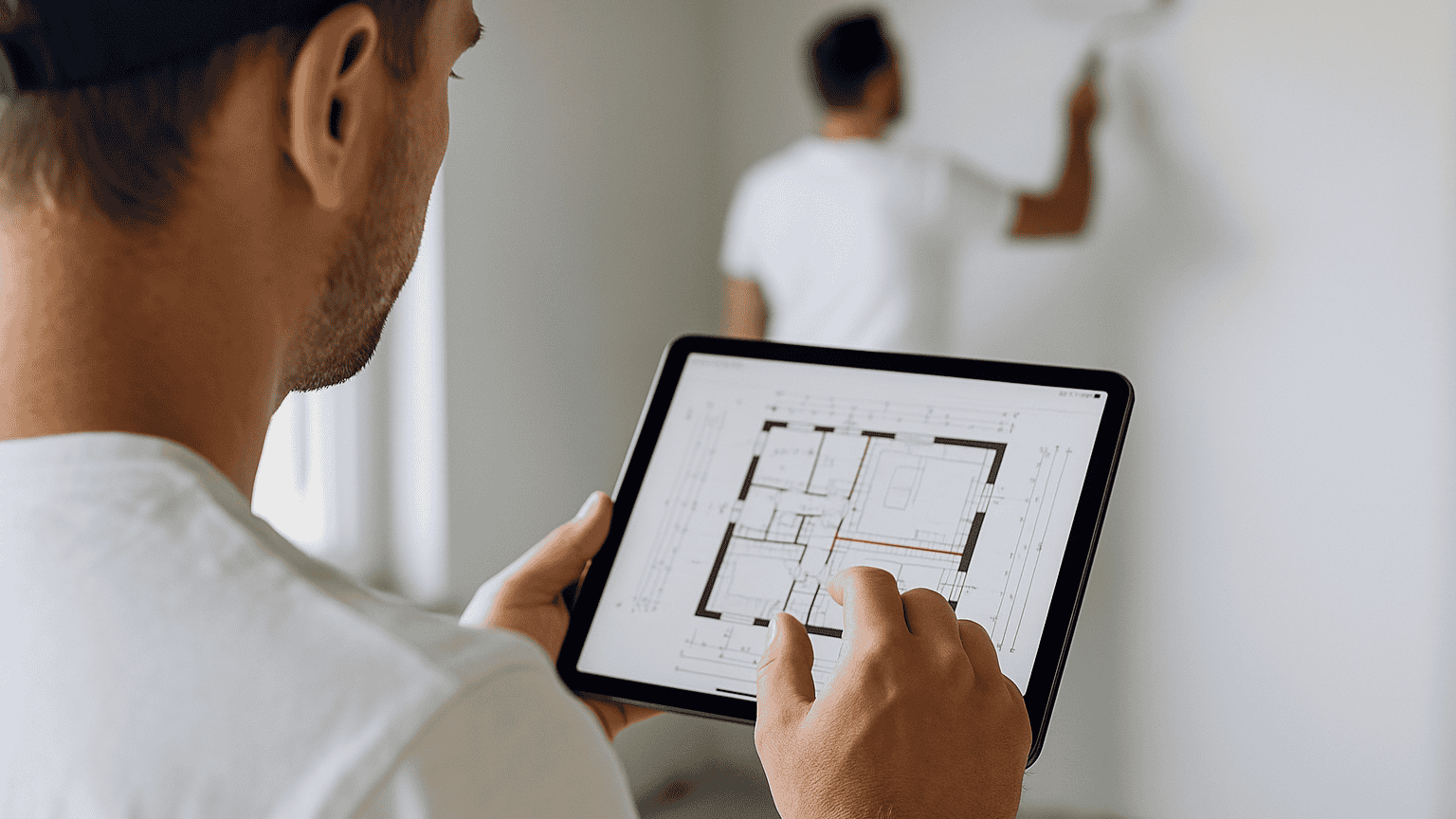 Mann überprüft Bauplan auf Tablet in renoviertem Raum.