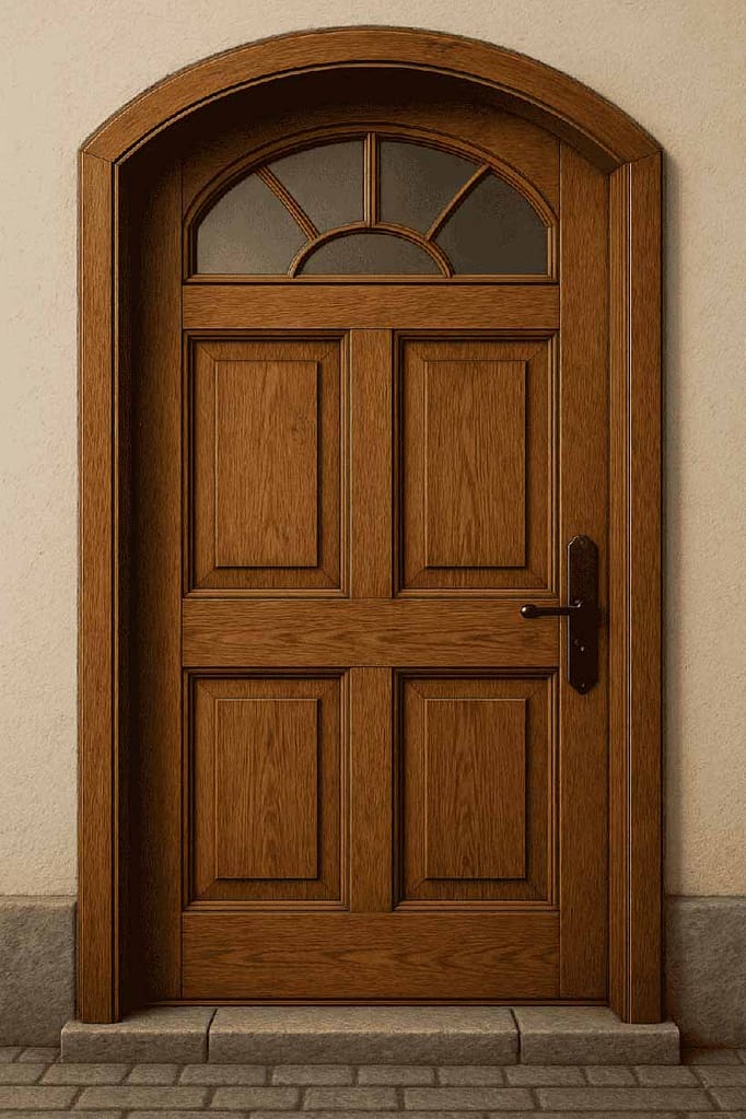 Holztür mit gewölbtem Fenster und Klinke
