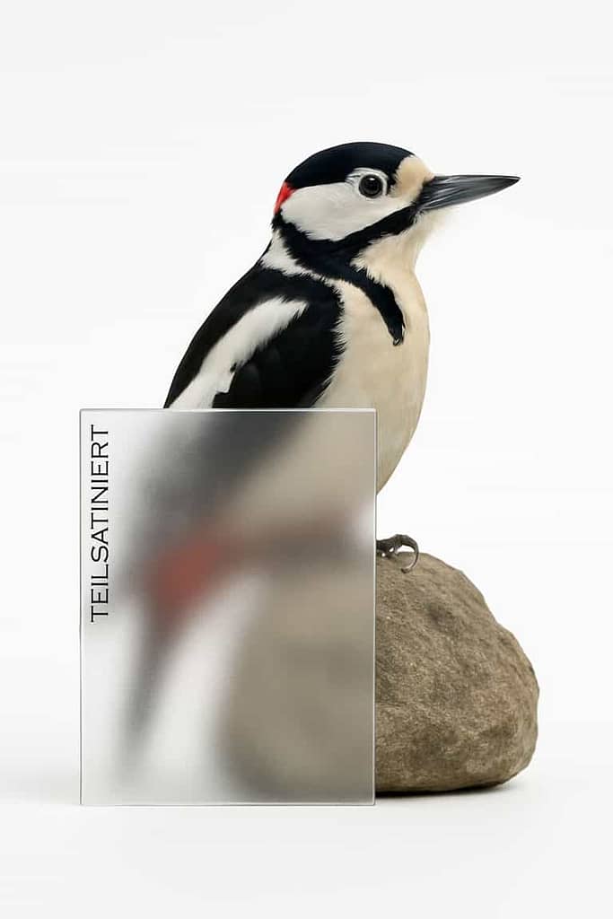Specht neben teilsatiniertem Glas auf Stein sitzend.