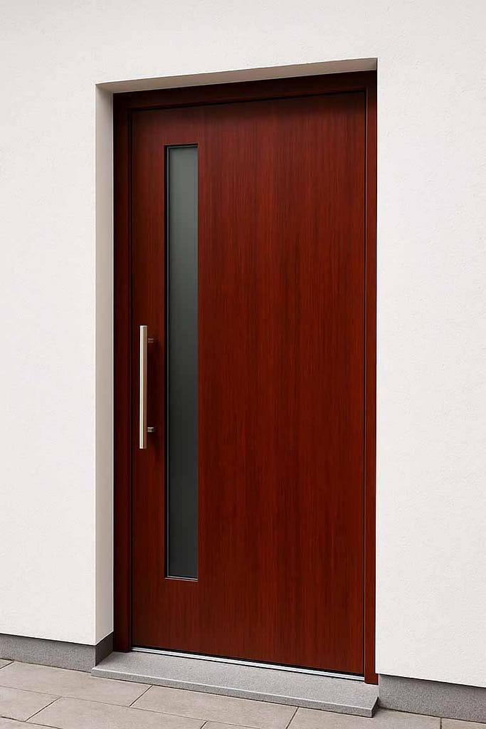 Moderne Holztür mit schmalem Fenster