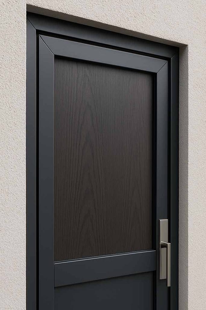 Moderne schwarze Tür mit Metallgriff