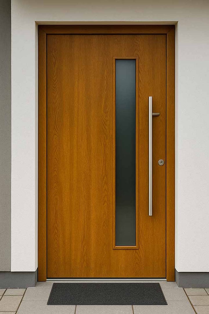Moderne Holztür mit langem Griff und Glaseinsatz.
